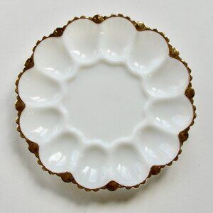 Vintage White Milk Glass Devilled Egg Plate Server Anchor Hocking Gold Rim 10"